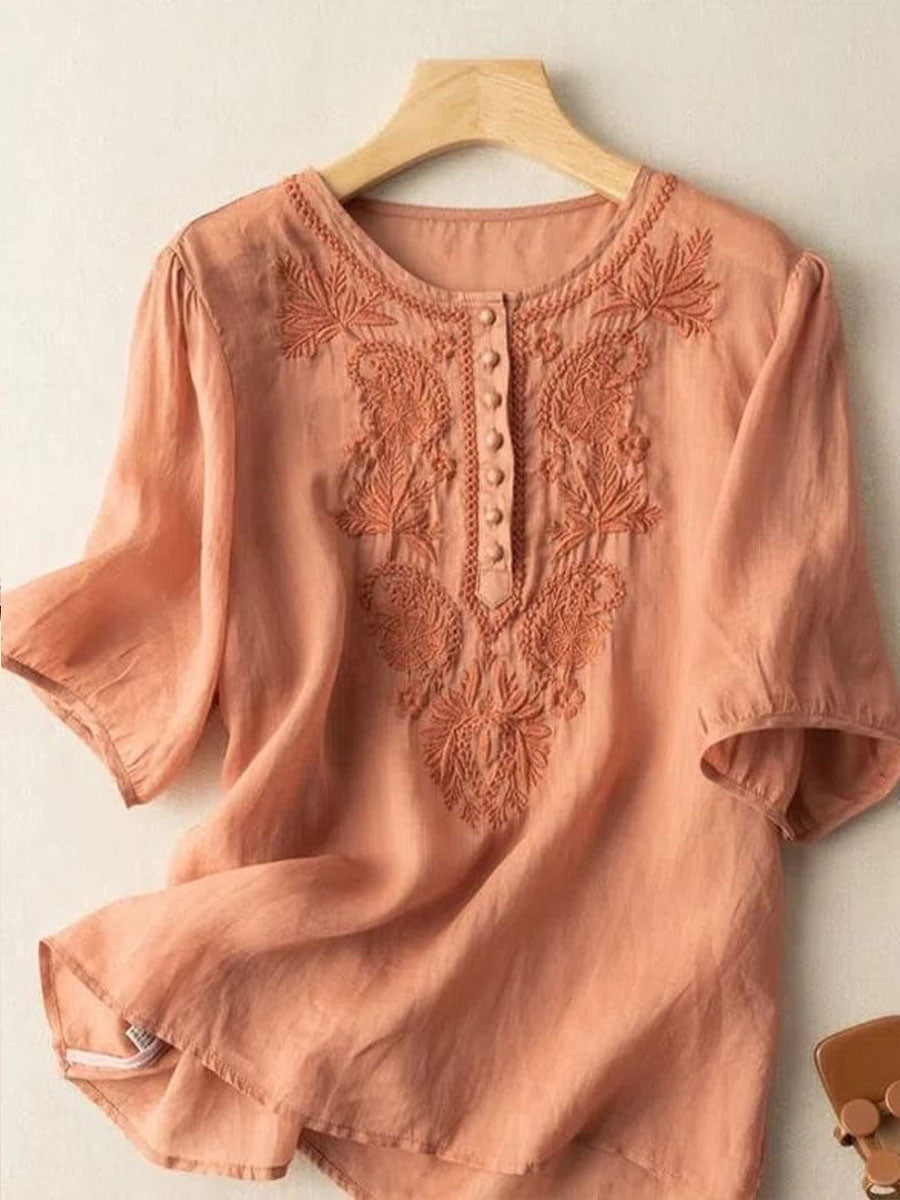 T-shirt floral en coton et lin pour femmes