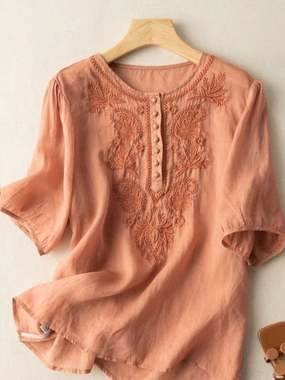 T-shirt floral en coton et lin pour femmes