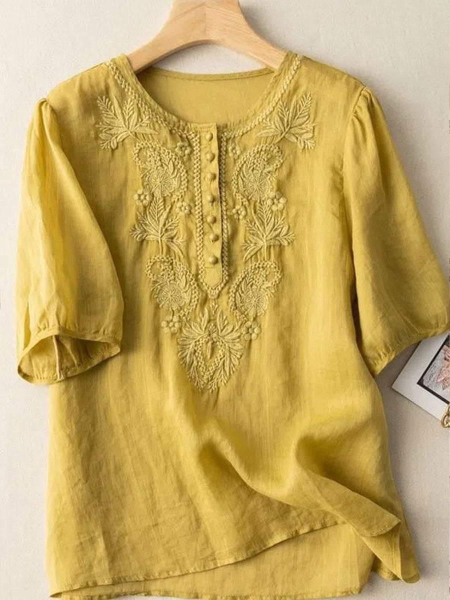 T-shirt floral en coton et lin pour femmes