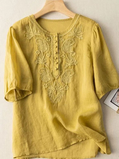 T-shirt floral en coton et lin pour femmes