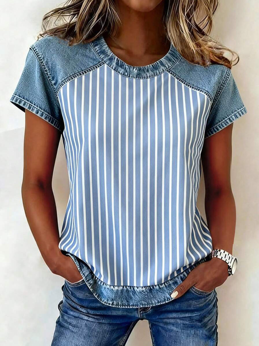 Haut rayé imprimé en denim pour femmes