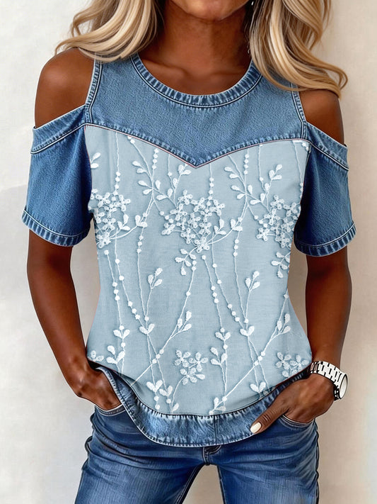 Haut en jean à patchwork et motif floral élégant pour femme