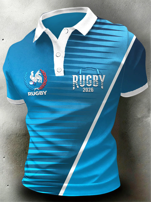 Polo décontracté bleu à imprimé rugby français pour homme
