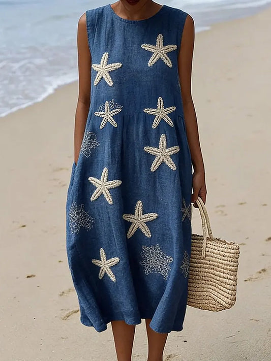 Femmes Vintage Starfish Pattern Flowy Lin sans manches Midi Robe