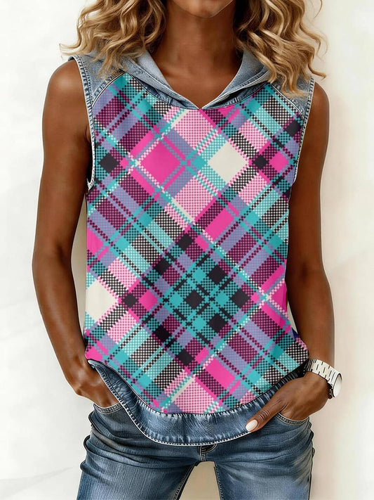 Haut à capuche en patchwork de denim imprimé à carreaux vintage pour femme