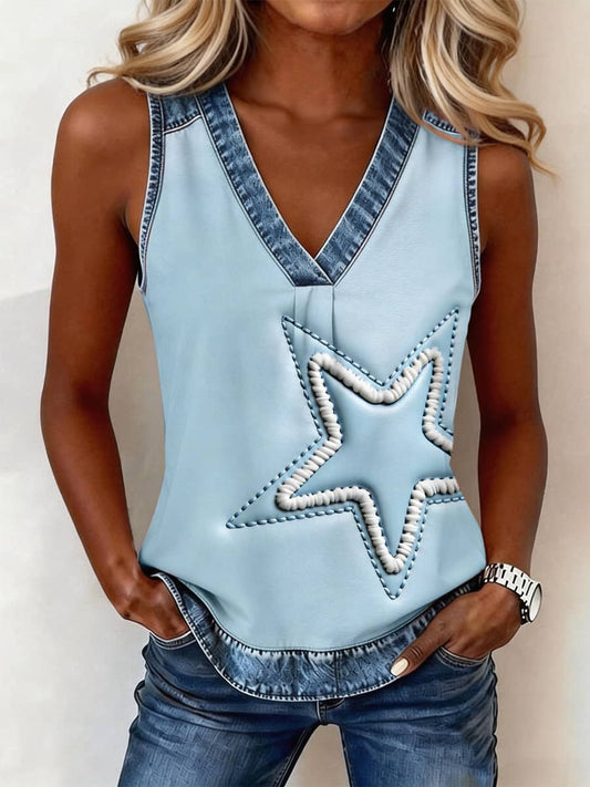 Haut en jean à patchwork et col en V pour femme, motif brodé étoiles
