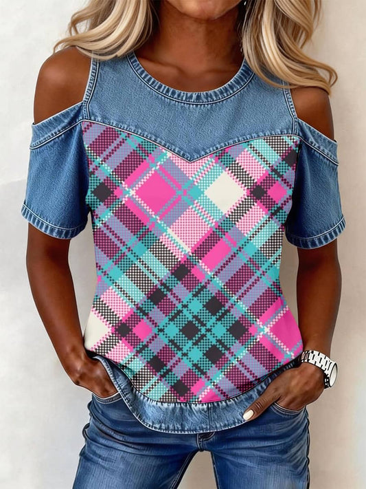 Haut en denim à patchwork imprimé à carreaux vintage pour femmes