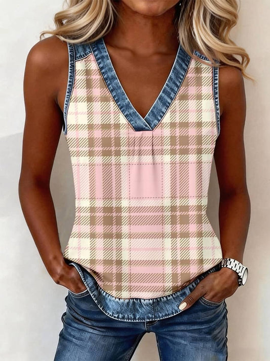 Haut en jean à empiècements et imprimé à carreaux roses pour femme, col en V