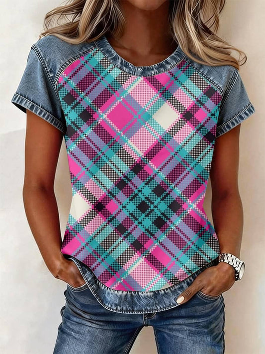 Haut en denim à patchwork imprimé à carreaux vintage pour femmes