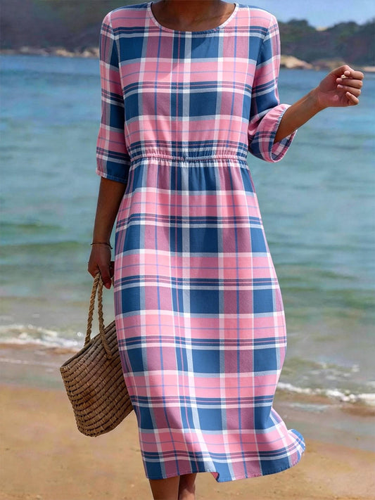 Robe en lin à carreaux en coton pour femmes