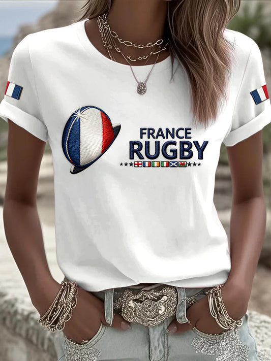 T-shirt décontracté pour femme, blanc, motif rugby français des Six Nations