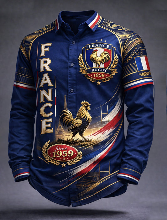 Chemise décontractée à imprimé rétro de rugby français