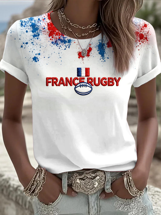 T-shirt décontracté blanc pour femme à imprimé graffiti rugby français