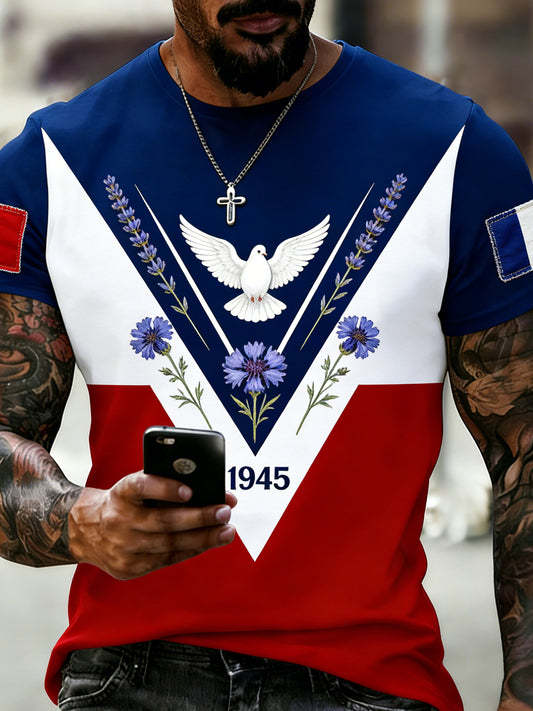 T-shirt imprimé d’art commémoratif de la Journée de la Victoire à la française pour hommes