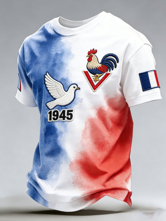 T-shirt imprimé d’art commémoratif de la Journée de la Victoire à la française pour hommes
