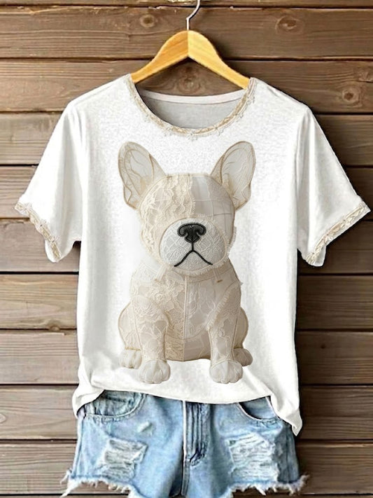 T-shirt imprimé en patchwork de dentelle pour femmes, motif chien