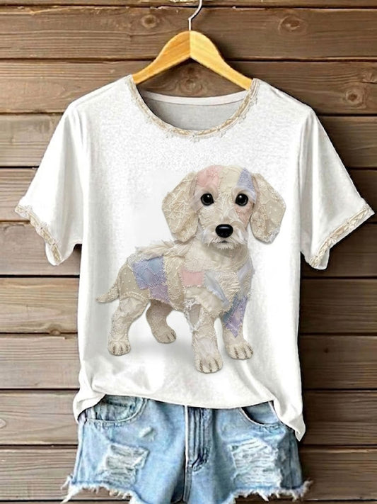 T-shirt imprimé en patchwork de dentelle pour femmes, motif chien