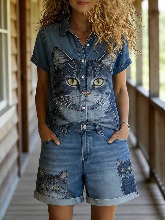Ensemble chemise et short décontractés à manches courtes pour femmes, imprimé animalier
