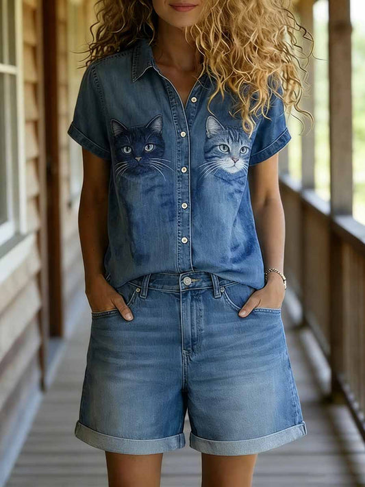 Chemise décontractée à manches courtes et short à imprimé animal pour femmes