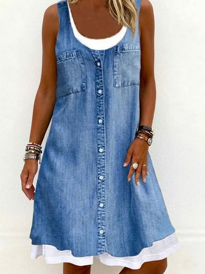 Femme Denim-Look Imprimer Faux Robe Deux Pièces