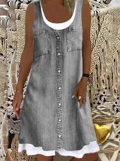 Femme Denim-Look Imprimer Faux Robe Deux Pièces
