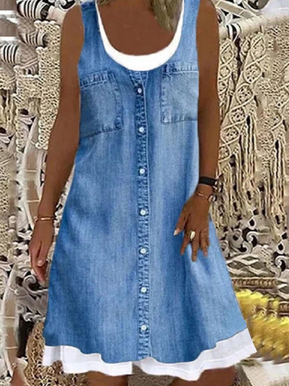 Femme Denim-Look Imprimer Faux Robe Deux Pièces