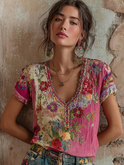 Bohème Floral Broderie Art V-cou Contraste Couleur Lin Mélange T-shirt Femme