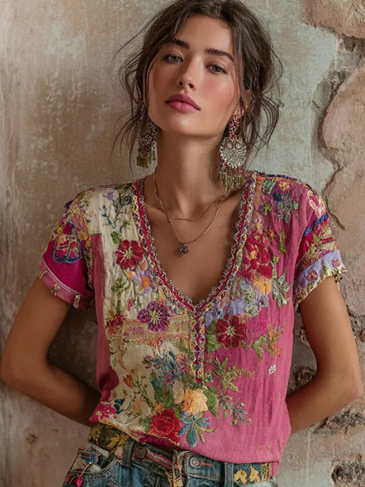 Bohème Floral Broderie Art V-cou Contraste Couleur Lin Mélange T-shirt Femme