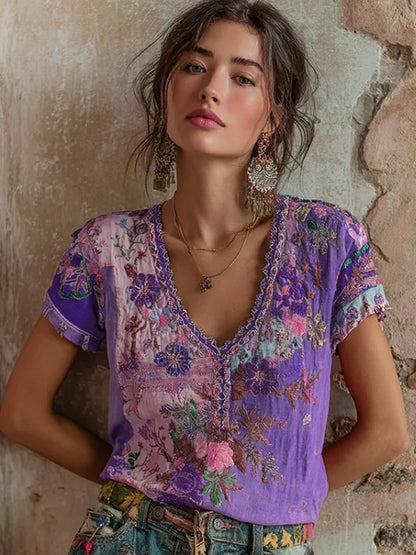 Bohème Floral Broderie Art V-cou Contraste Couleur Lin Mélange T-shirt Femme