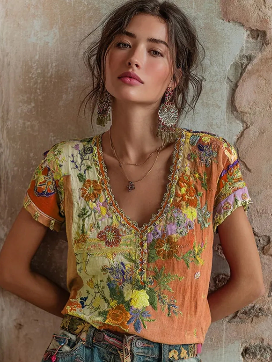 Bohème Floral Broderie Art V-cou Contraste Couleur Lin Mélange T-shirt Femme