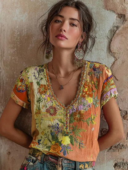 Bohème Floral Broderie Art V-cou Contraste Couleur Lin Mélange T-shirt Femme