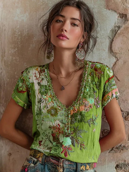 Bohème Floral Broderie Art V-cou Contraste Couleur Lin Mélange T-shirt Femme