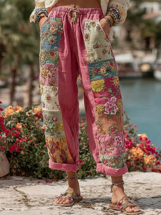 Les femmes Bohème Floral Broderie Art Contraste Couleur Lin Mélange Pantalon Décontracté