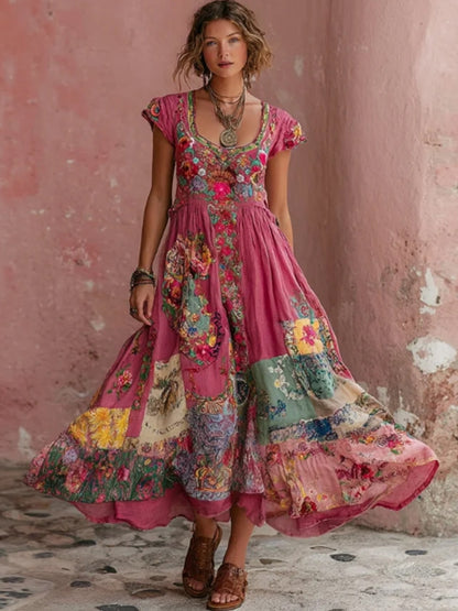 Bohème Floral Broderie Art col rond manches courtes Midi robe femmes