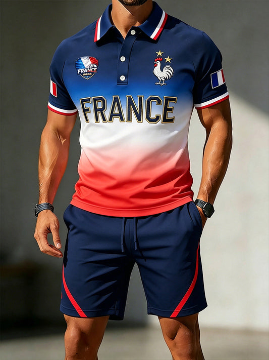 Ensemble de shorts de polo à manches courtes à imprimé couleur bloquée sur le thème du soccer pour hommes
