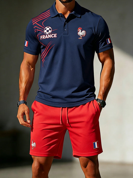 Ensemble polo à manches courtes et short à imprimé blocs de couleur sur le thème du football pour hommes