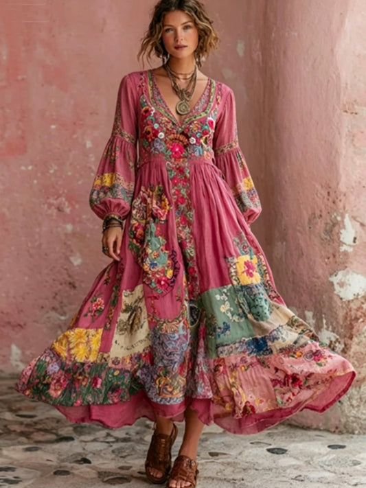 Bohème Floral Broderie Art V-Neck manches courtes Midi Robe des femmes