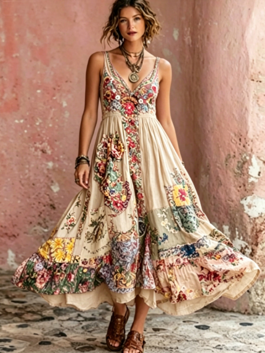 Robe mi-longue bohème pour femme, à col en V, manches courtes, avec broderie florale artistique