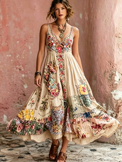 Robe mi-longue bohème pour femme, à col en V, manches courtes, avec broderie florale artistique