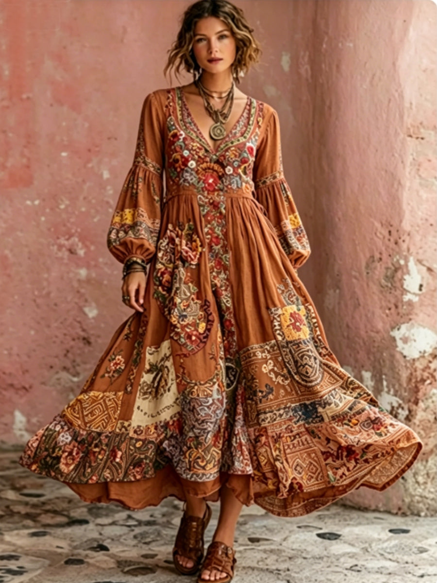 Bohème Floral Broderie Art V-Neck manches courtes Midi Robe des femmes
