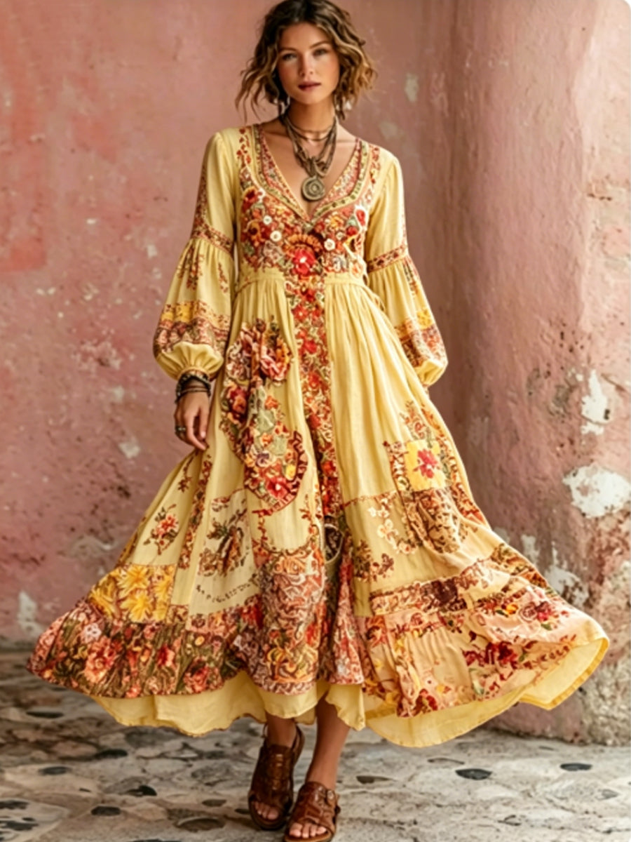 Bohème Floral Broderie Art V-Neck manches courtes Midi Robe des femmes