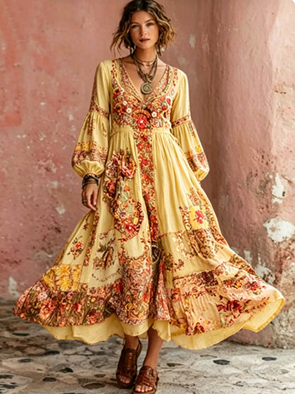 Bohème Floral Broderie Art V-Neck manches courtes Midi Robe des femmes