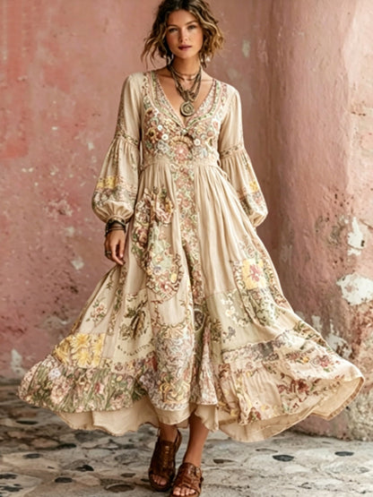 Bohème Floral Broderie Art V-Neck manches courtes Midi Robe des femmes
