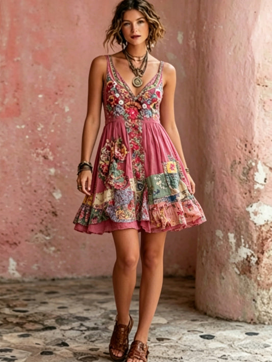 Bohème Floral Broderie Art V-cou manches courtes Mini robe des femmes