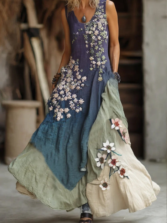 Robe longue en lin à col rond pour femme, élégante, dégradée, motif brodé de fleurs de cerisier japonaises Sakura