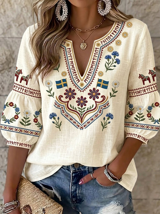 Damenbluse im Vintage-Stil aus Schweden, symmetrisches Blumenmuster, V-Ausschnitt