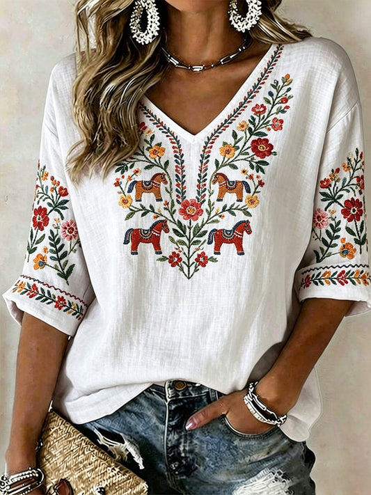 Damen schwedisches Mittsommer-Print Lässiges T-Shirt