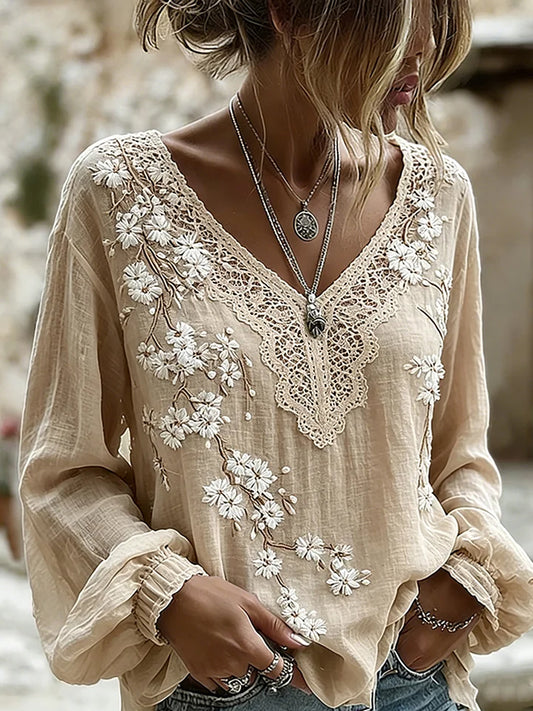 Haut décontracté pour femme, style vintage, en coton et lin, avec broderie florale et patchwork imprimé