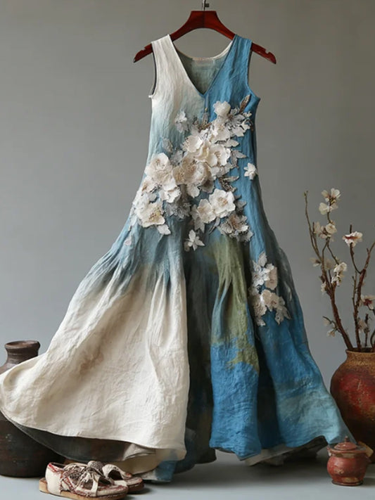 Vintage Japonais Floral Art Gradient Casual Lin Robe sans manches des femmes