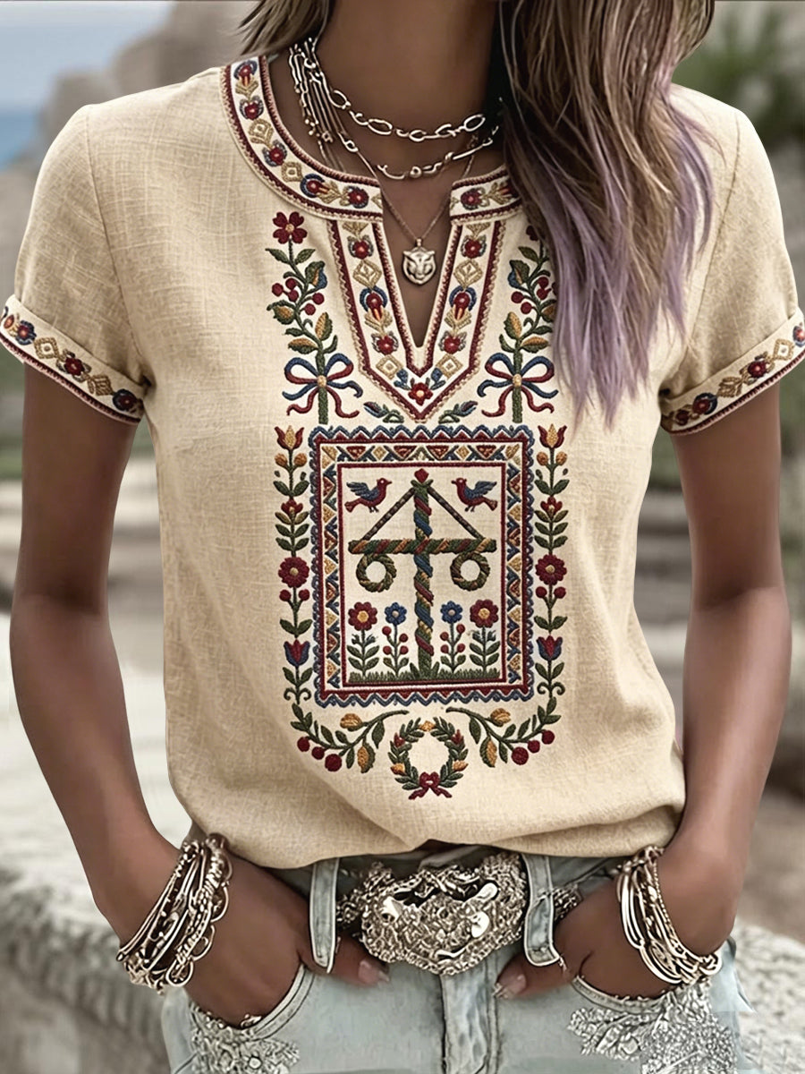 T-shirt décontracté artistique à col en V pour femmes, d’inspiration suédoise pour la Saint-Jean